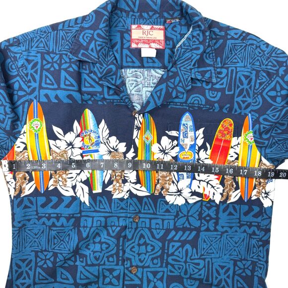 RJC Hawaii Aloha Shirt Mens Medium Blue Surfboard Tiki Floral Camp Button Up - Picture 6 of 9